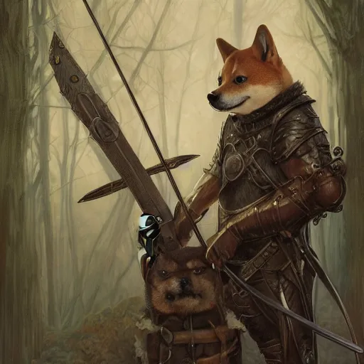 Prompt: anthropomorphic shiba inu, holding medieval crossbow, medieval armor, dark aura, fantasy, dark graveyard scene, portrait art by donato giancola and greg rutkowski, realistic face, digital art, trending on artstation, symmetry