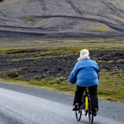 Prompt: A 60-year-old woman in warm clothes traveling by bicycle on the roads of Iceland. The bicycle has saddlebags.