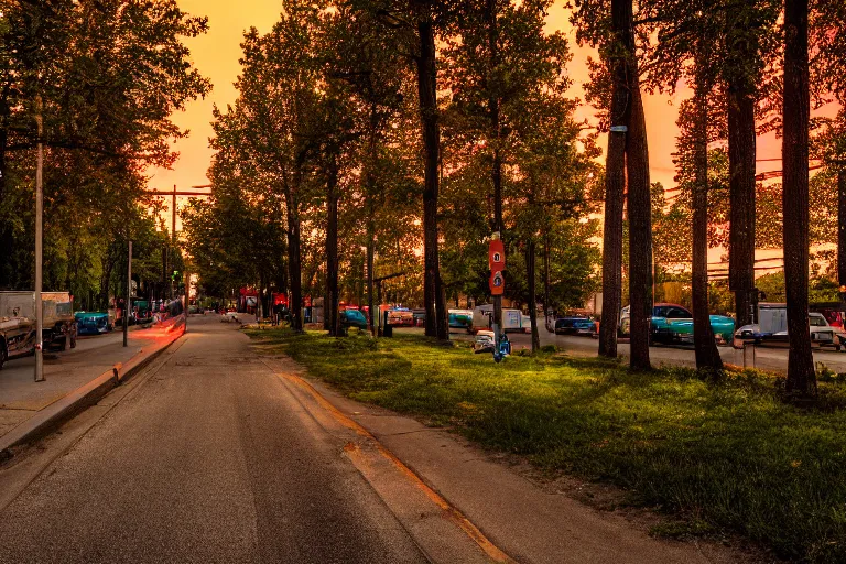 Prompt: low-angle photo aimed at busy city street of Edmonton Alberta, humidity among summer trees, car taillights leaving a small amount of trails of light, red dusk, high dynamic range, medium contrast, 1/4 shutterspeed, sigma 24mm f8