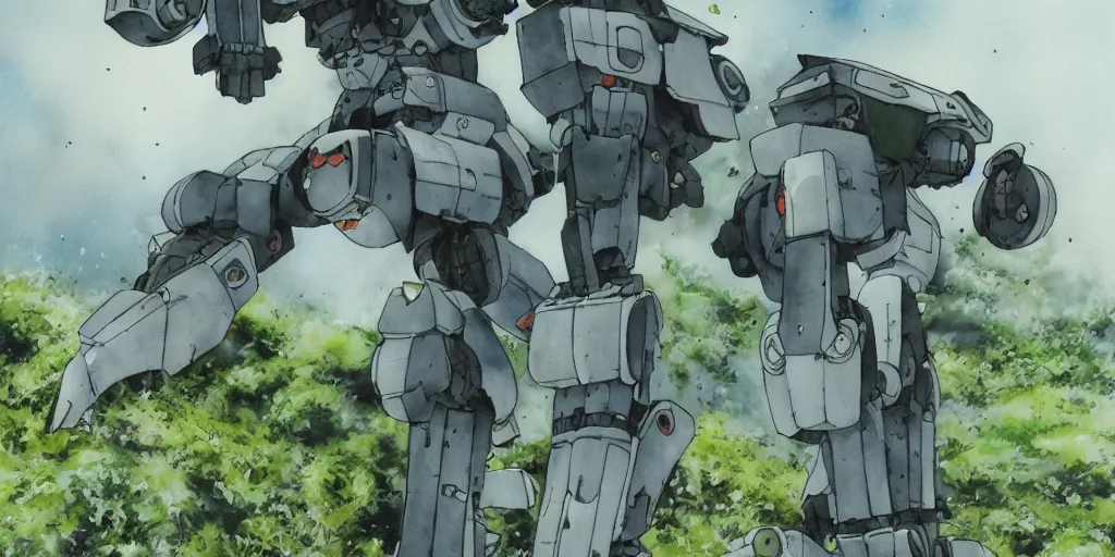 Prompt: Abandoned mecha overgrown with moss, oppressive atmosphere, low contrast, cloudy, Hideaki Anno, watercolor, Patlabor, Gunbuster