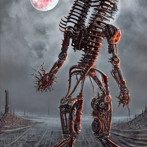 Image similar to robot shredding guitar solo standing in ruined burning street by Yoshitaka Amano, by HR Giger, biomechanical, 4k, hyper detailed, hyperrealism, anime, a Blood Moon rising on a Broken World, deviantart, artstation