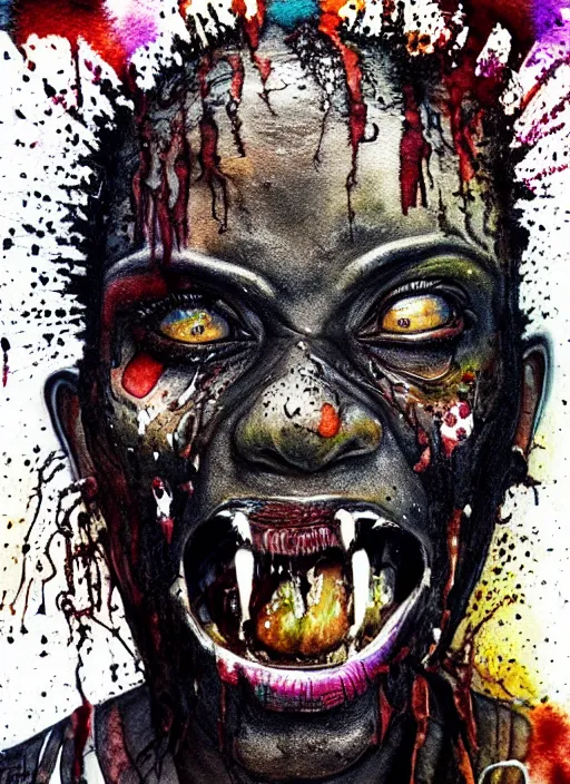 Image similar to african american zombie hollywood artwork professional acting headshot, hyperrealism, intricate detail, studio lighting, charming expression gesicht, hauntingly beautiful zombie, watercolor art, epic, legendary, drawn and painted, colored layers, dulled contrast, exquisite fine art, splatterpaint