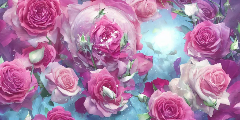 Image similar to background art of magic invisible force blade slicing through a bouquet of white and pink roses, flowers exploding and splattering, big puffy clouds, exploding roses, large rose petals, lotus petals, large polygonal background elements, large polygons, studio ghibli anime, radiant lighting, artgerm, manga, trending on artstation, art nouveau, mature colors