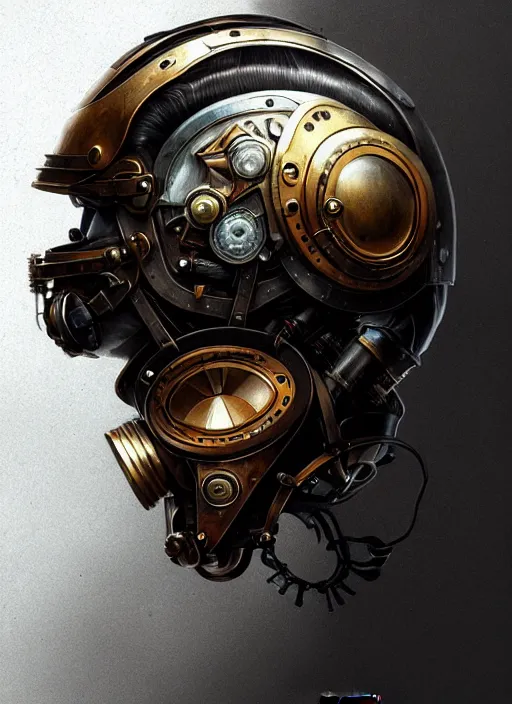 Prompt: a futuristic steampunk robotic helmet for motogp highly detailed, digital painting, concept art, smooth, sharp focus, illustration, art by greg rutkowski