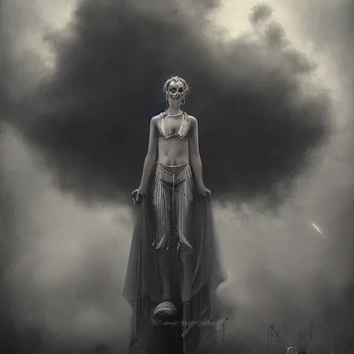 Prompt: By Tom Bagshaw, ultra realist soft painting of a curiosity carnival by night, a beautiful gunslinger in detective wear, symmetry accurate features, very intricate details, ominous sky, black and white, volumetric light clouds