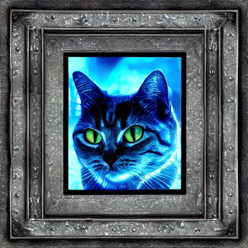 Prompt: focus on a liquid metal cat, shimmering, in the style of thomas kinkade, hr giger, ultra hd,, first - person, super - resolution, angelic, liquid metal, gradient translucent blue - n 6