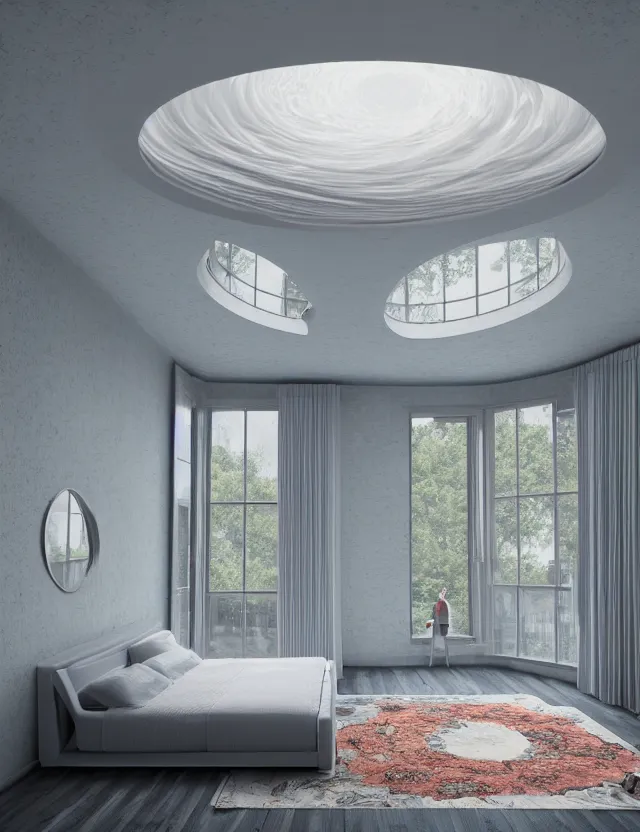 Image similar to an ultra wide angle photo of a bed hovering above the floor in the middle of a giant bedroom with windows opening to other worlds by casey weldon and lee madgewick, photorealistic, octane render, recursive, flowing, cascading, multiverse, labyrinthine