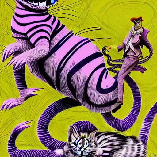 Image similar to graphic illustration, creative design, alice in wonderland as cheshire cat, biopunk, francis bacon, highly detailed, hunter s thompson, concept art