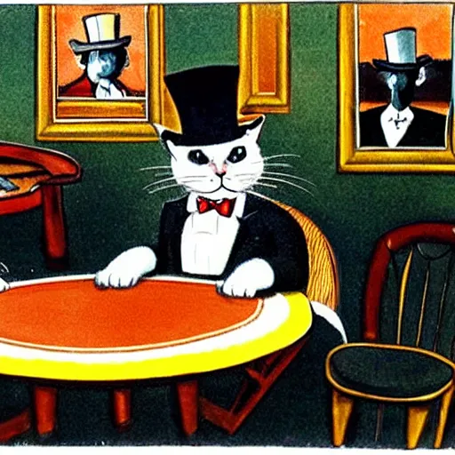 Prompt: a cat in a tophat sitting at the poker table, smoking a cigar, cartoon