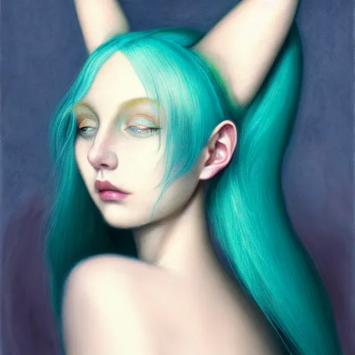 Image similar to portrait of girl with pale teal hair, luna moth, uniquely beautiful, fantasy, intricate, elegant, dramatic lighting, emotionally evoking symbolic metaphor, highly detailed, lifelike, photorealistic, digital painting, artstation, concept art, smooth, sharp focus, illustration, art by John Collier and Albert Aublet and Krenz Cushart and Artem Demura and Alphonse Mucha