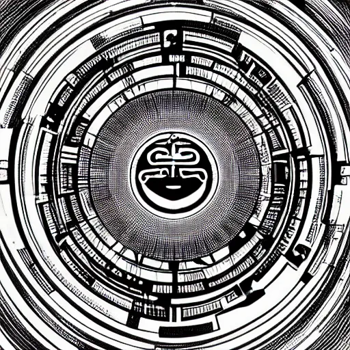 Prompt: 2 d techno buddha in front of concentric geometric radial sun portal with ancient wuji symbols embedded within it, black fine lines, sci fi, artstation