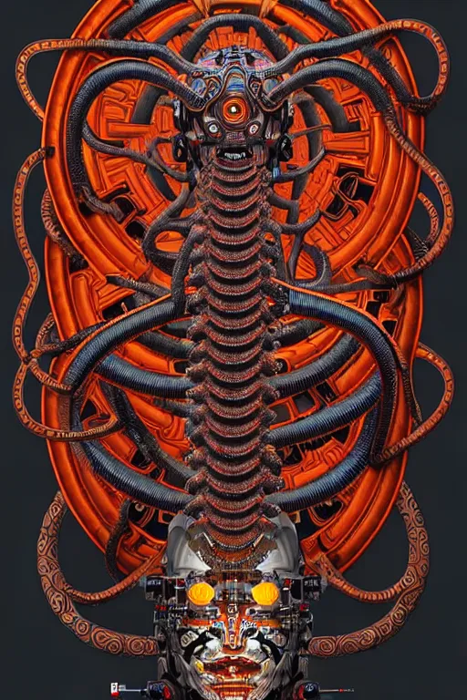 Image similar to a centered uncut fullbody frontview portrait of a robotic hydra / gorgon headed biomechanical creature by clogtwo and subjekt zero feat paul lewin and ø - cult. intricate detailed sharp clean textured very ornated. indian style tapestry design. hd. 4 k. lowbrow color palette