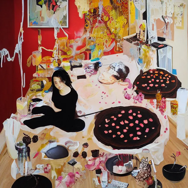 Prompt: a portrait in a female art student's bedroom, black walls, a woman sitting on a bed made of pancakes, honey dripping, berries dripping, chocolate, surgical supplies, ikebana, octopus, neo - expressionism, surrealism, acrylic and spray paint and oilstick on canvas