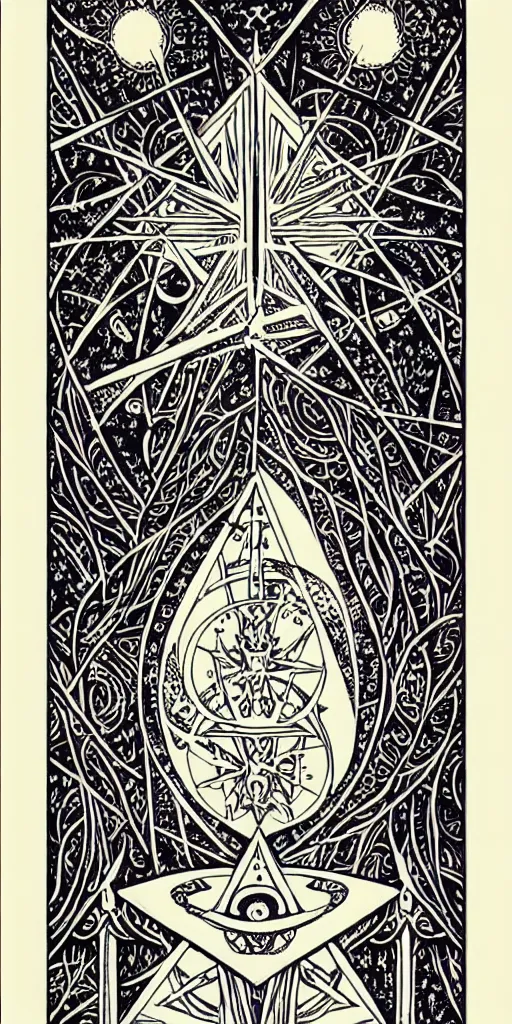 Prompt: a beautiful fractal tarot card featuring bold occult imagery with clean lines