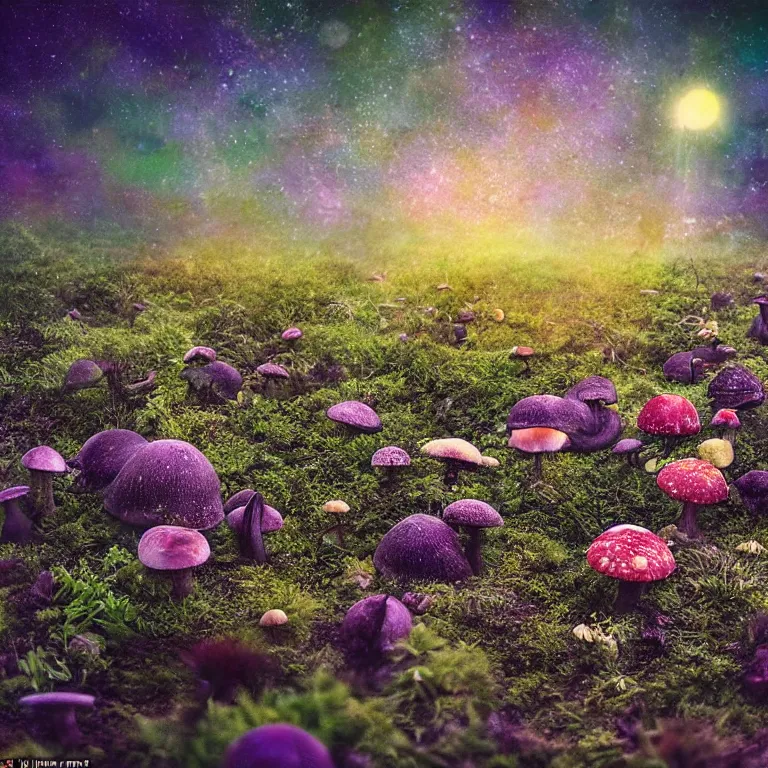 Image similar to a planet of various fungus, mushrooms, flowers and plants, inside the picture is infinity, Atmospheric, artistic photography, conceptual, long exposure outside the city, volumetric light