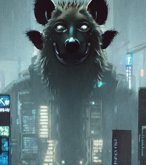 Prompt: new york city portrait icon of furry anthro anthropomorphic spotted hyena head animal person fursona wearing clothes strange cybernetic metal muzzle gloomy rainy screenshot from the video game cyberpunk 2077 digital art by Greg Rutkowski, Simon Stalenhag, christopher nolan trending on Artstation, CGSociety, Bladerunner 2049