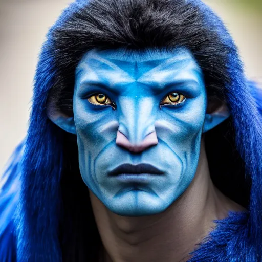 Prompt: award winning photography portrait, handsome actor with blue skin, avatar, leica 1 0 0 mm f 0. 8