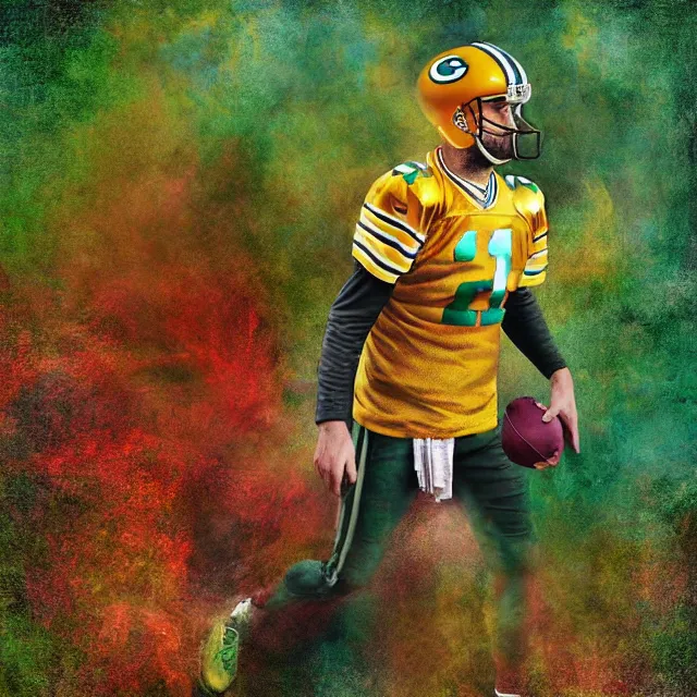 Image similar to aaron rodgers tripping on ayahuasca in peru, digital art, surreal