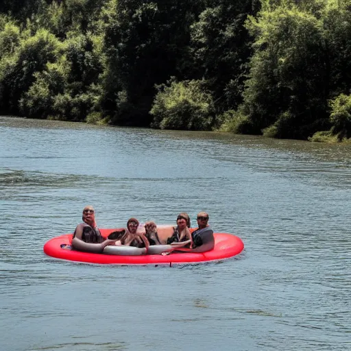 Image similar to a group of 4 people on inner tubes floating on a river