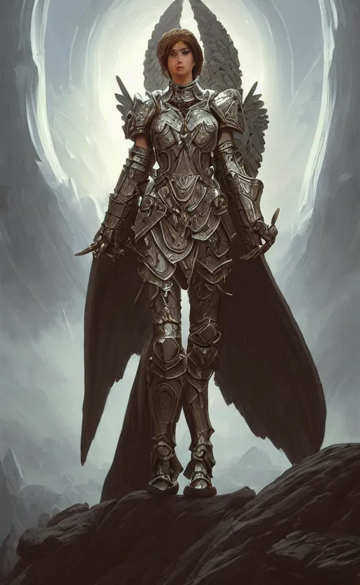 Prompt: angel, full armor cloth, full body portrait, gentle, female, dark ruins landscape, d & d, fantasy, intricate, elegant, highly detailed, digital painting, white gold color palette, artstation, octane render, concept art, matte, sharp focus, illustration, hearthstone, art by artgerm and greg rutkowski and alphonse mucha