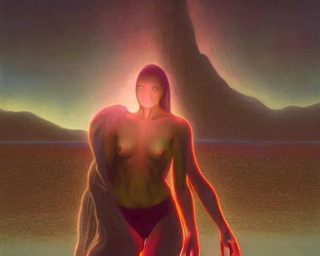 Prompt: iridescent, portrait, neon body, rocky lake shore, alien woman, a otherwordly huge monster is appraching from the horizon, glowing red, dynamic poses, by edgar maxence and ross tran, zdzisław beksinski, and michael whelan, distant, gustav dore, h. r. giger, 8 k, octane render