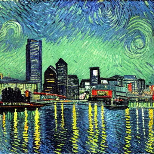 Image similar to downtown Seattle at night, 4k, by VanGogh