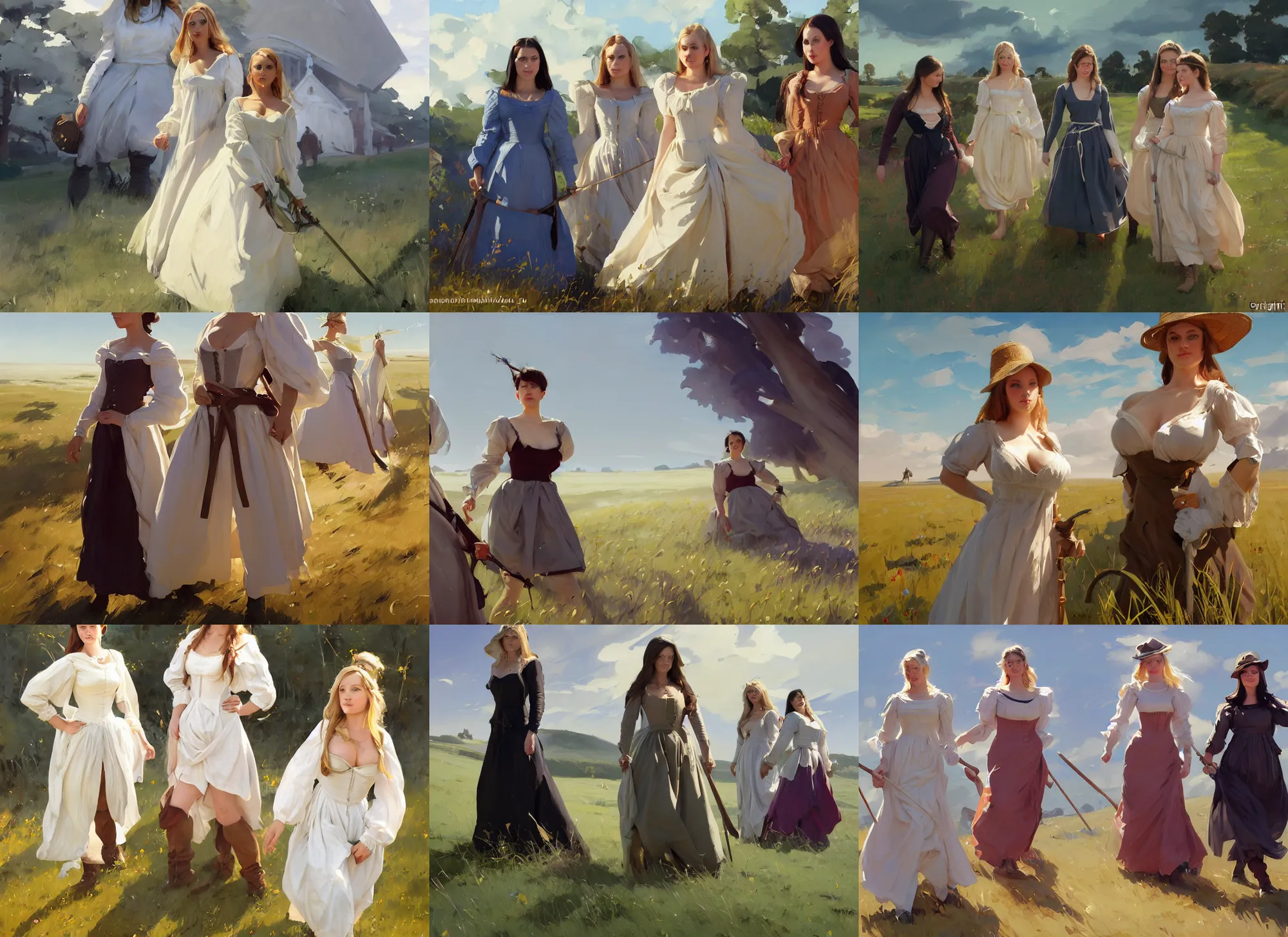 Prompt: three beautiful finnish norwegian swedish scandinavian attractive glamour models wearing 1 7 th century kirtle with low neckline walking in the feild in a sunny day, jodhpurs greg manchess painting by sargent and leyendecker, studio ghibli fantasy close - up shot asymmetrical intricate elegant matte painting illustration hearthstone, by greg rutkowski by greg tocchini by james gilleard