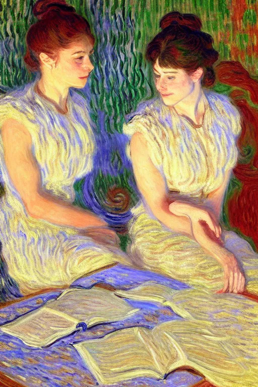 Image similar to portrait of two wise and very beautiful women reviewing some texts, art by monet, intricate, elegant, highly detailed, smooth, sharp focus, artstation