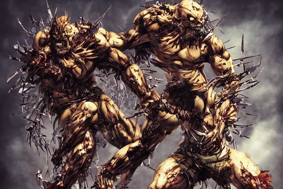 Prompt: Terada Katsuya ArtGerm Style Zombie Wolverine Battles Biomechanical Juggernaut in Hell, beautiful aesthetic, photorealistic, volumetric lighting, hyperrealistic, octane render, HDR, Production IG Studios Anime Style