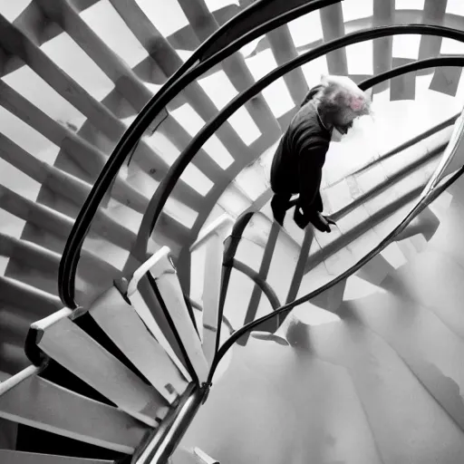 Image similar to a man pushing a clown down a spiral staircase