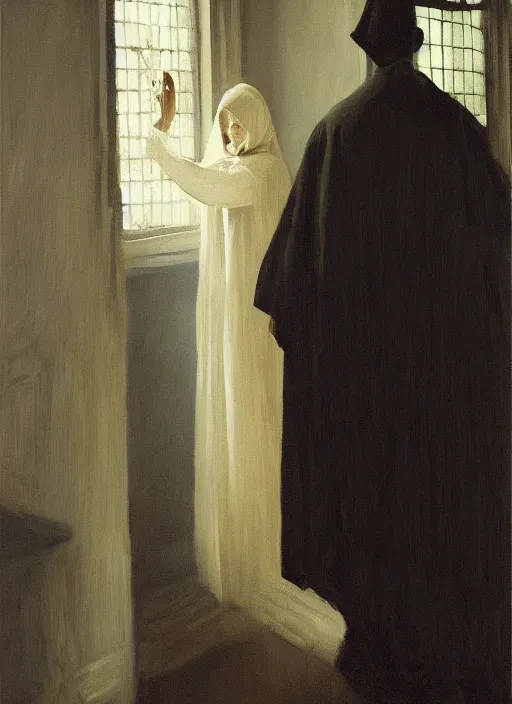 Image similar to medium shot, painting of white blurry ghostly human figures, dark academia aesthetic, Hogwarts, magic vibes, soft lighting, by John Ward, by Arthur Walker, by Vermeer, by Monet, oil on canvas, Royal Academy, masterpiece, trending on artstation, cinematic composition, dramatic pose, beautiful lighting, sharp, details, hyper-detailed, HD