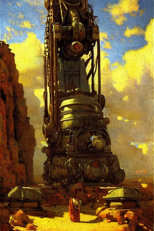 Prompt: fallout, huge machine robot, cool tint, painting by, gaston bussiere, johannes vermeer