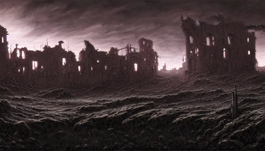 Prompt: death field, a destroyed castle in the distance, rotting, fine details, blood, digital art, volumetric lighting, cinematic light, photorealistic, by dan mumford and zdzisław beksinski, by giger, by caravaggio, 4 k,