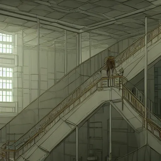 Image similar to a flood of slime in a bright white hallway with many doors and many stairs, Mc Escher architecture, epic composition, by Makoto Shinkai