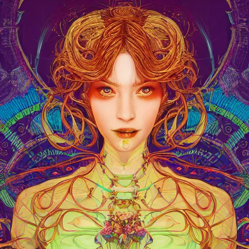 Image similar to the portrait of a ridiculously beautiful and elegant woman partially made of onion rings of all colors, an ultrafine detailed illustration by james jean, final fantasy, intricate linework, bright colors, behance contest winner, vanitas, angular, altermodern, unreal engine 5 highly rendered, global illumination, radiant light, detailed and intricate environment