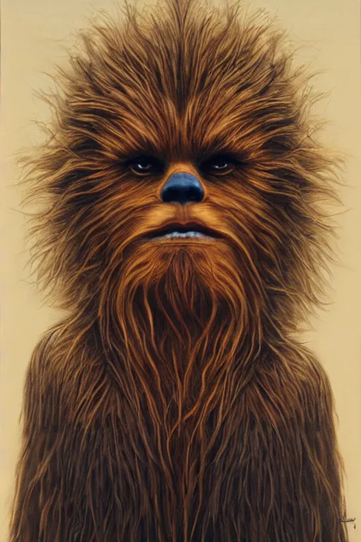 Prompt: beautiful oil painting of chewbacca by chie yoshii, full body portrait, space, symmetrical face, dramatic lighting