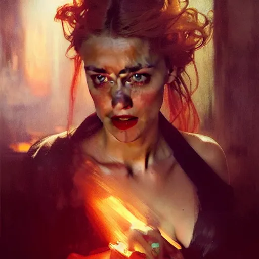 Image similar to hyperrealistic portrait of a woman as amber heard dining in hell by jeremy mann and alphonse mucha, fantasy art, photo realistic, dynamic lighting, artstation, poster, volumetric lighting, very detailed faces, 4 k, award winning