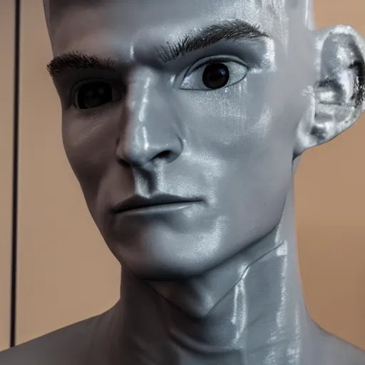 Image similar to a realistic detailed photo of a guy who is an attractive humanoid who is half robot and half humanoid, who is a male android, twitch streamer ninja tyler blevins, shiny skin, posing like a statue, blank stare, at the museum, on display