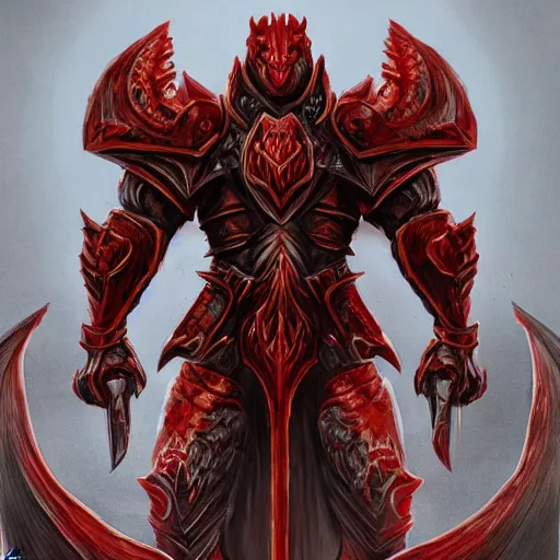 Prompt: concept art of heavy red dragon armor warrior, perfect symmetry, front side, left, side, dungeons and dragons, full view, full size, armor, rpg, d&d, hyper detailed, digital art, artstation, high definition cgsociety, sk, render, cinematic, symmetry, hyper realistic