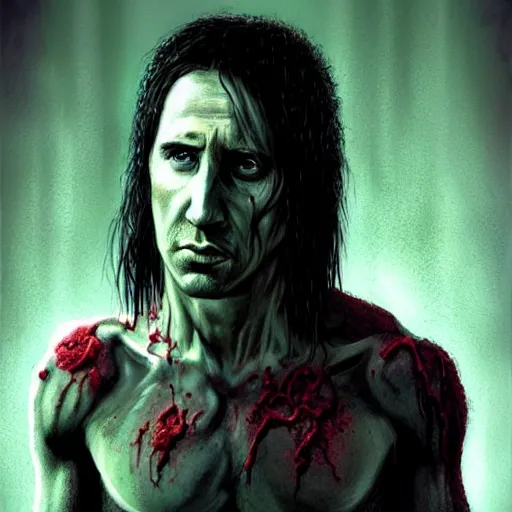 Image similar to color portrait of young and handsome trent reznor as a zombie with shoulder length hair, 7 days to die zombie, gritty background, fine art, award winning, intricate, elegant, sharp focus, cinematic lighting, digital painting, 8 k concept art, art by brom, art by guweiz and z. w. gu, art by michael hussar, 8 k