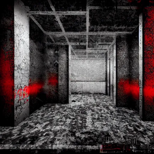 Image similar to cctv of an extremely dark empty abandoned building with glowing humanoid cryptid made out of television static, dark deep black shadows, red and black color contrast in the style of trevor henderson and james ensor goya, liminal space, 3 d octane render, glitch effect