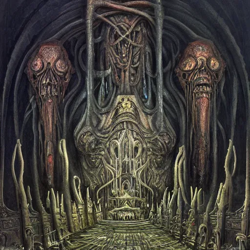 Image similar to monstrous and twisted cathedral with an altar that has a statue to many eyed veiny and four armed cthulhu, tentacles twisting in lotus position. in the style of hr giger and zdzisław beksinski gloom misty glow oil painting biomechanical