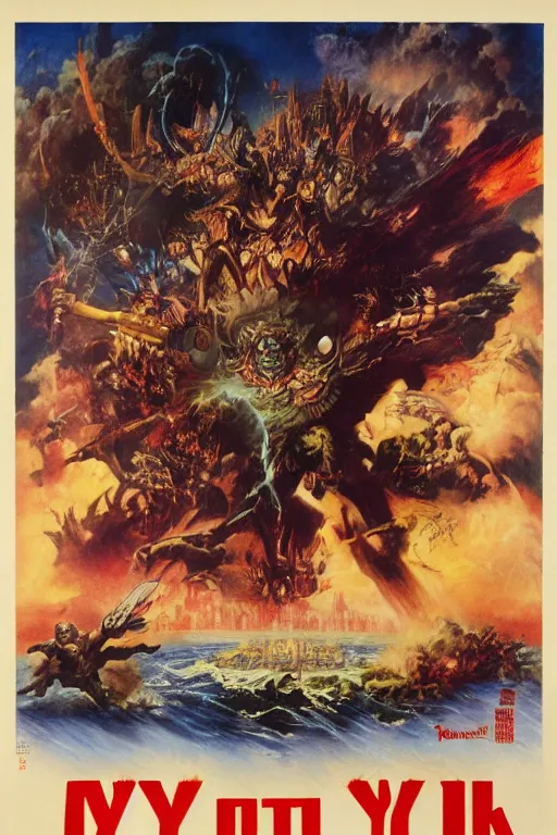 Prompt: Movie poster of Ophanim attacking new york, by Noriyoshi Ohrai, frank frazetta, ilya repin,