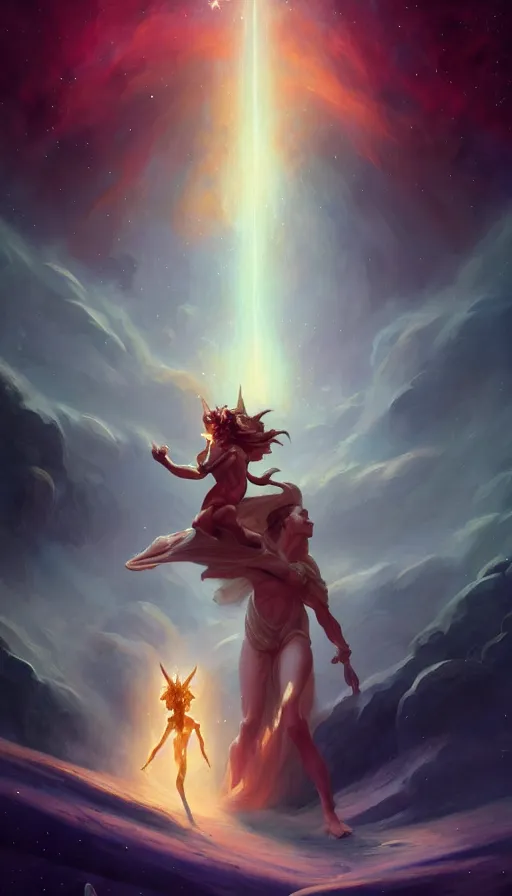 Image similar to greek god, epic scene, colors, holy, full body, galaxy, and, stars, atmosphere, unreal engine, pixar, video game, ethereal, insanely detailed, symmetrical, concept art, peter mohrbacher, charlie bowater, artstation, cinematic, video game, digital painting, artist maena, 4 k