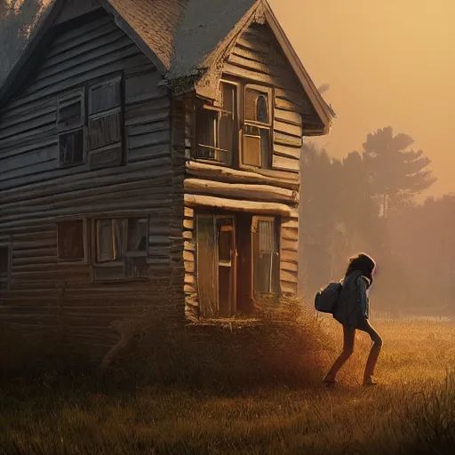 Image similar to woman leaving her wooden broken house by simon stålenhag, very highly detailed, award winning, rendered by Beeple, by Makoto Shinkai, syd meade, starwars, space art concept, digital art, unreal engine, blender, WLOP, trending on artstation, 4K UHD image, octane render