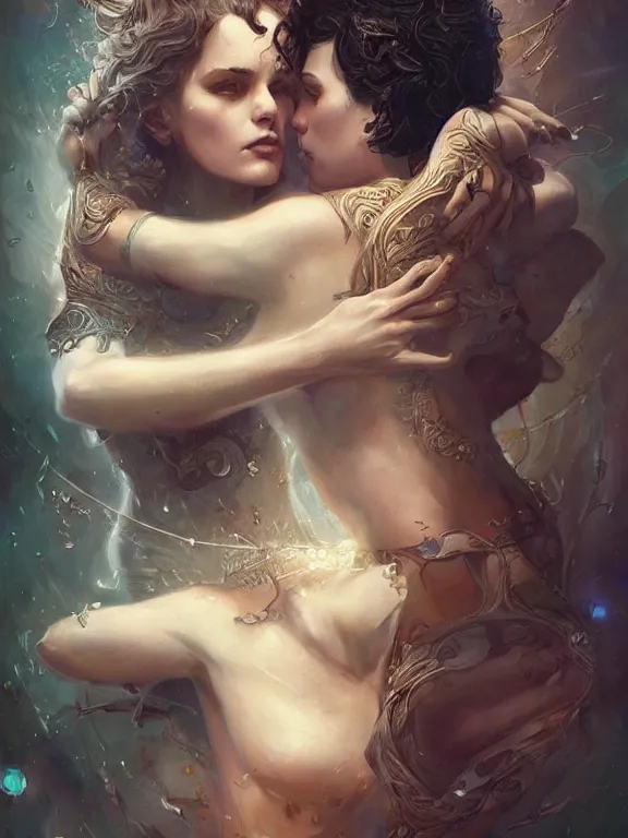 Image similar to a gorgeous portrait of two star-crossed lovers with the weight of their connection bearing down on them, hyperrealistic, award-winning, in the style of Tom Bagshaw, Cedric Peyravernay, Peter Mohrbacher