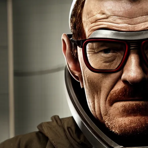 Image similar to Film still of Bryan Cranston dressed up as Gordon Freeman in an HEV Suit holding a crowbar for the Half Life Movie with a dark and foggy background, 4k resolution, 8k resolution, HD Quality, highly detailed, very detailed, detailed, studio quality lighting, digital art, trending on artstation, Dramatic, Dramatic Lighting, Dramatic Angle, Epic, film still