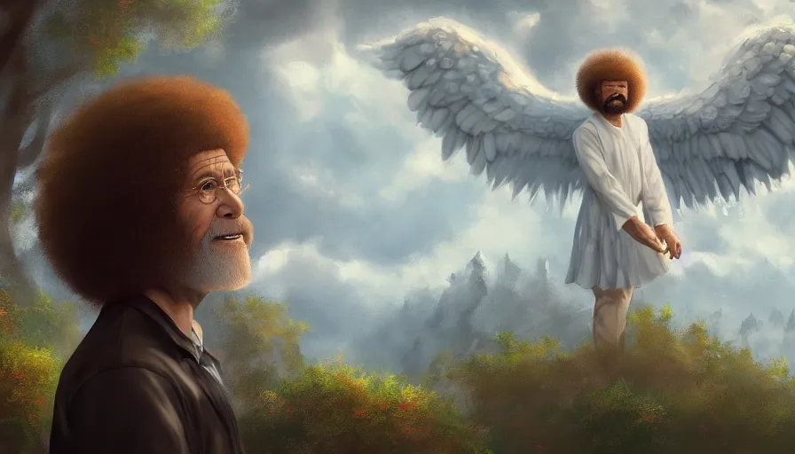 Image similar to Bob Ross with angel wings, hyperdetailed, artstation, cgsociety, 8k