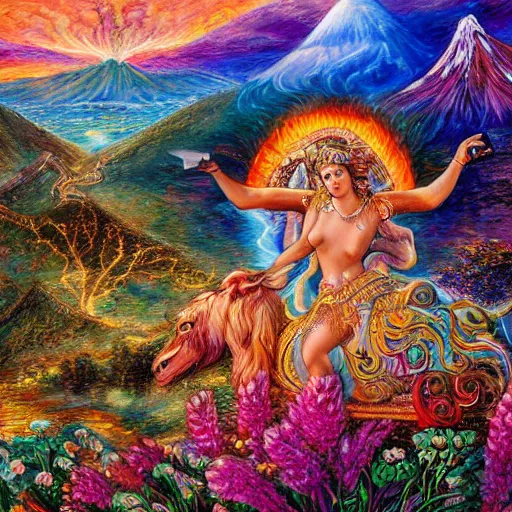 Image similar to a painting by josephine wall depicting a goddess riding a ram while checking her cell phone, erupting volcano and sunrise in distance in background, flowers in foreground, acrylic on canvas, intricately detailed, high resolution, trending on artstation