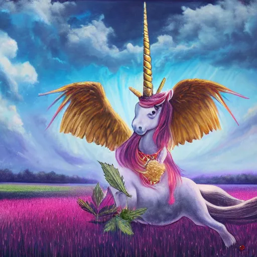 Prompt: an unicorn with wings eating in a field of marijuana, oil painting, fantasy art, concept art, highly detailed, high quality, 8 k, masterpiece